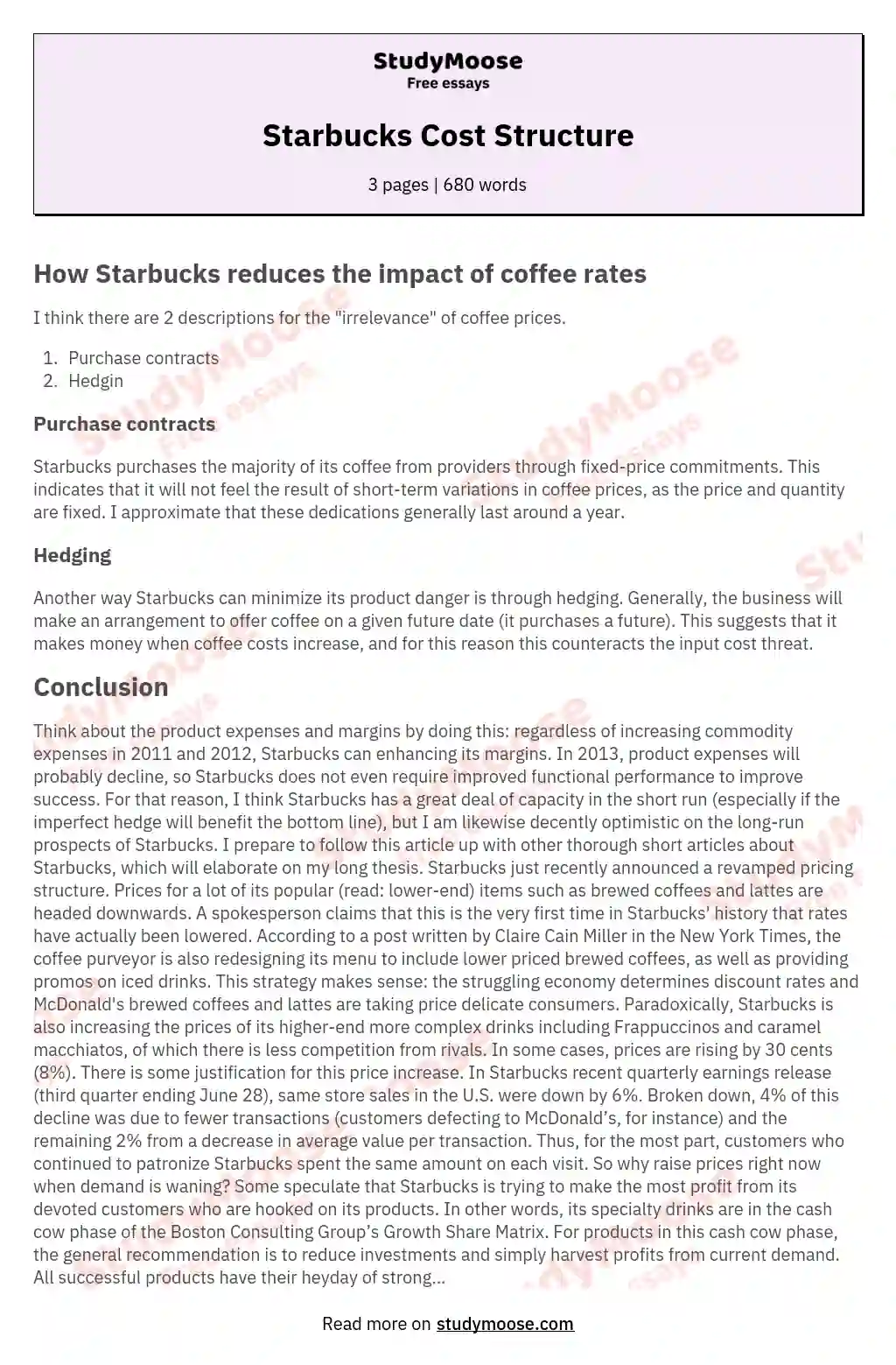 Starbucks Cost Structure essay