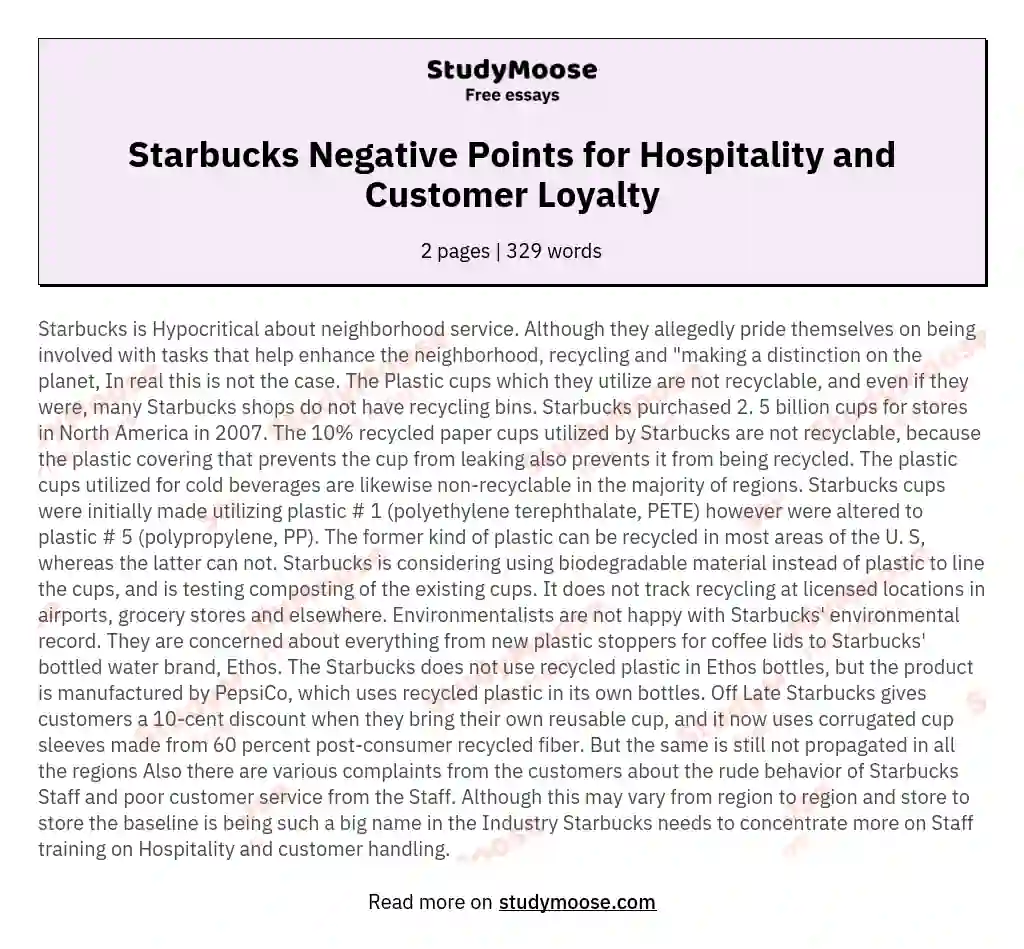 Starbucks Negative Points for Hospitality and Customer Loyalty essay