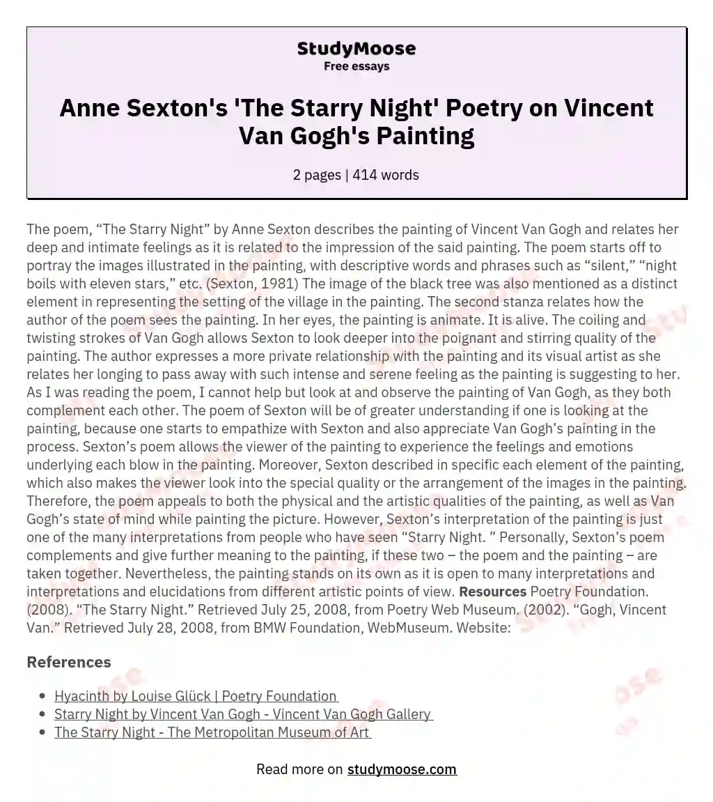 Anne Sexton's 'The Starry Night' Poetry on Vincent Van Gogh's Painting