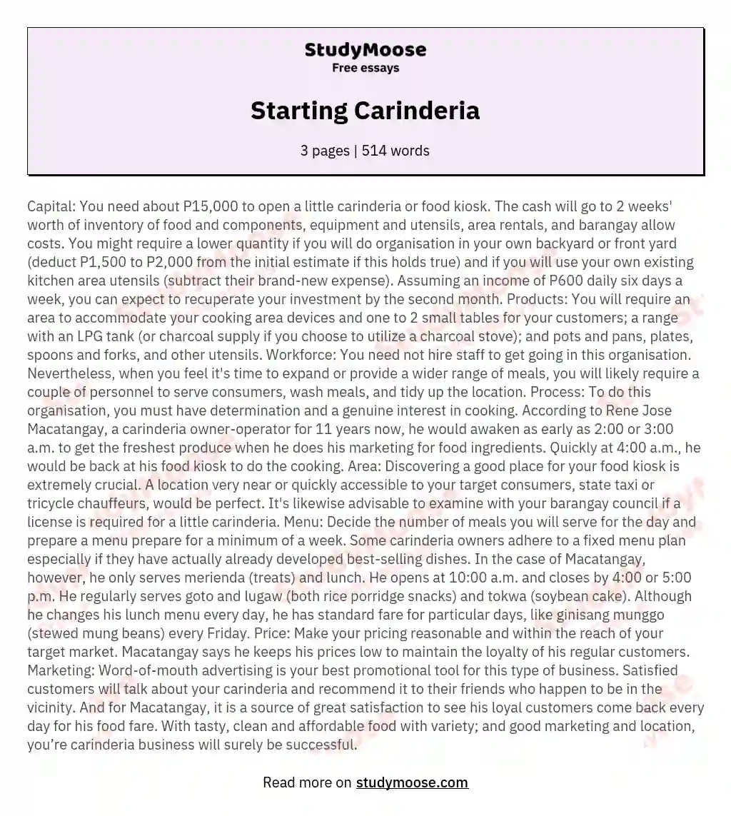 Starting Carinderia essay