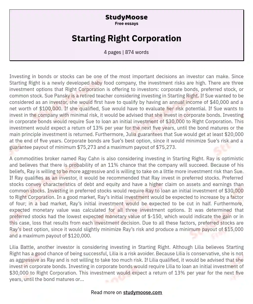 Starting Right Corporation essay
