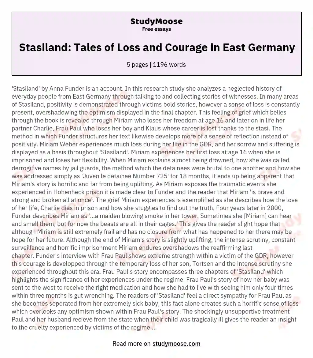 Stasiland: Tales of Loss and Courage in East Germany essay