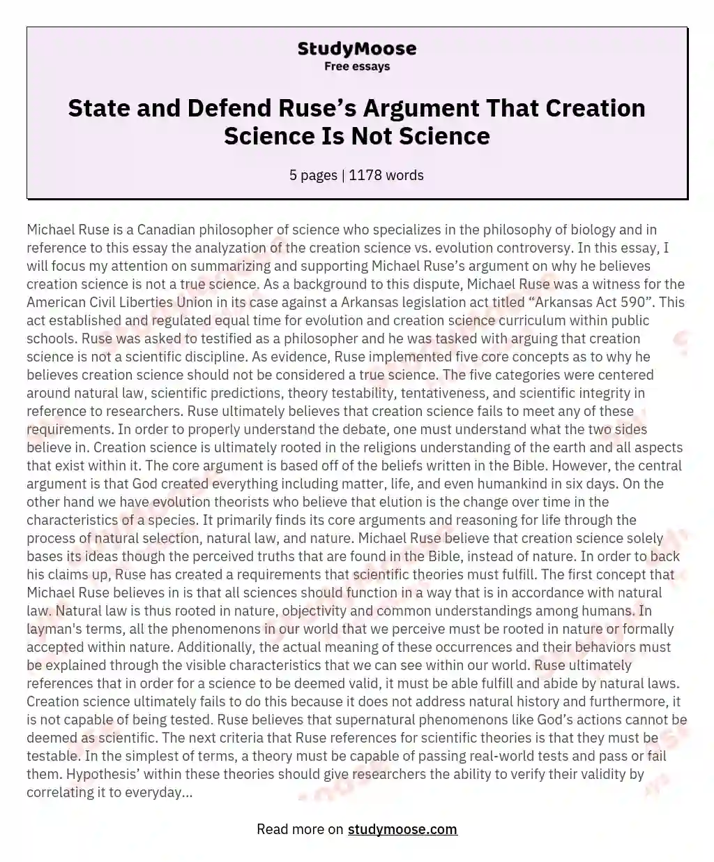 State and Defend Ruse’s Argument That Creation Science Is Not Science essay