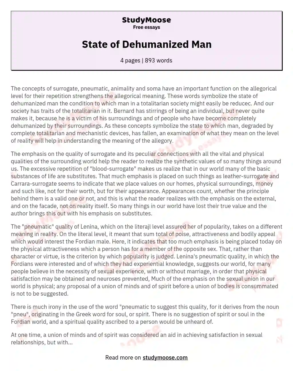 State of Dehumanized Man essay