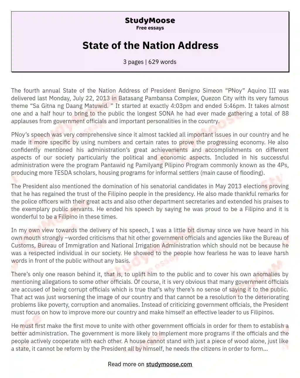 State of the Nation Address essay