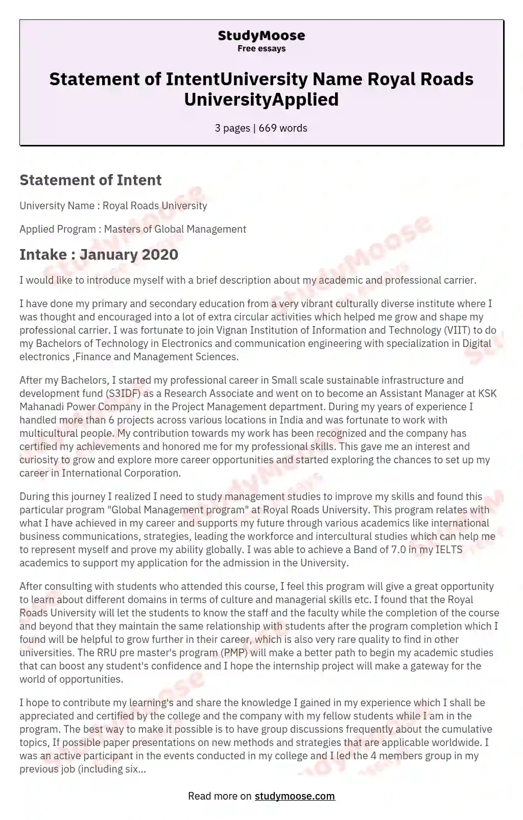 Statement of IntentUniversity Name   Royal Roads UniversityApplied essay