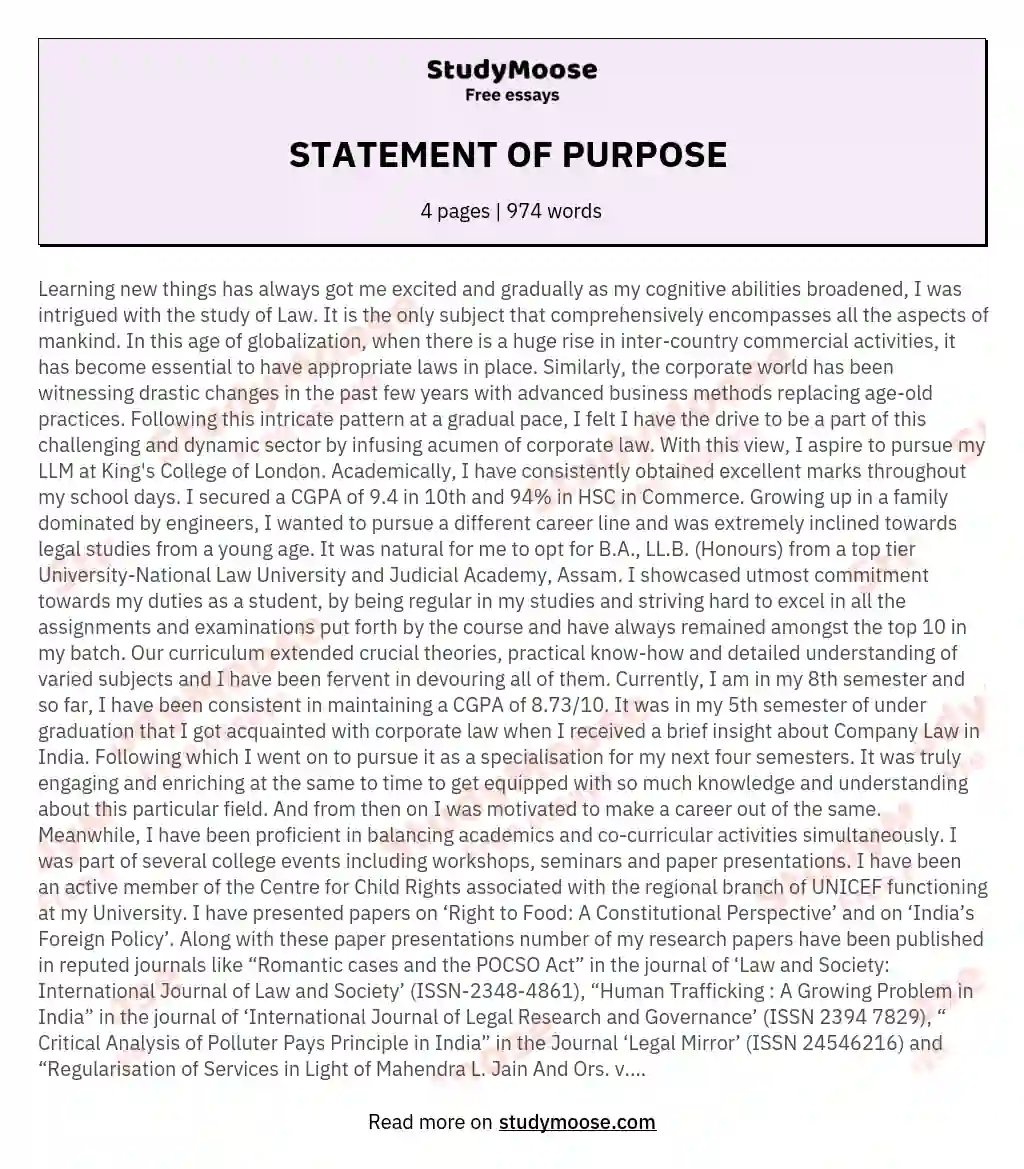STATEMENT OF PURPOSE  essay