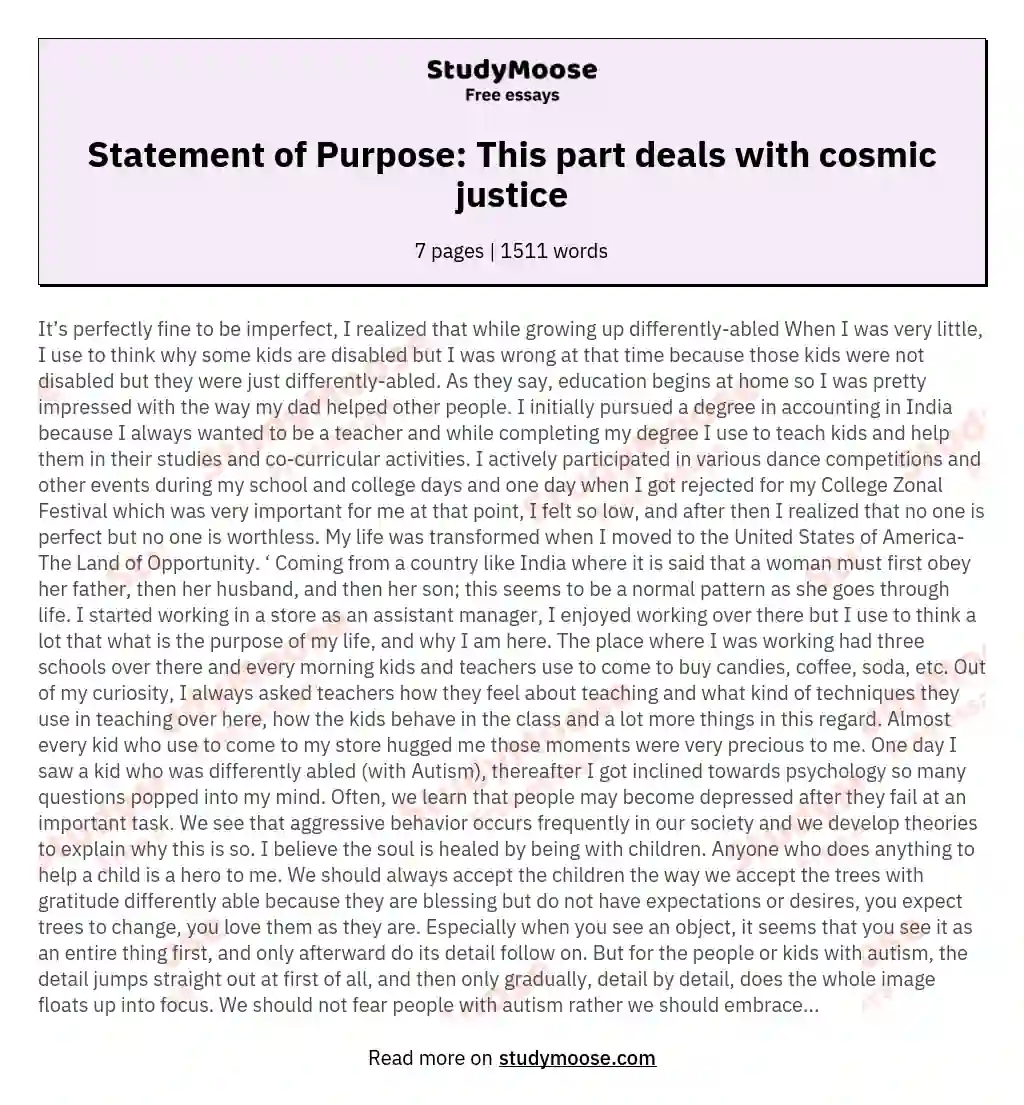 Statement of Purpose: This part deals with cosmic justice essay