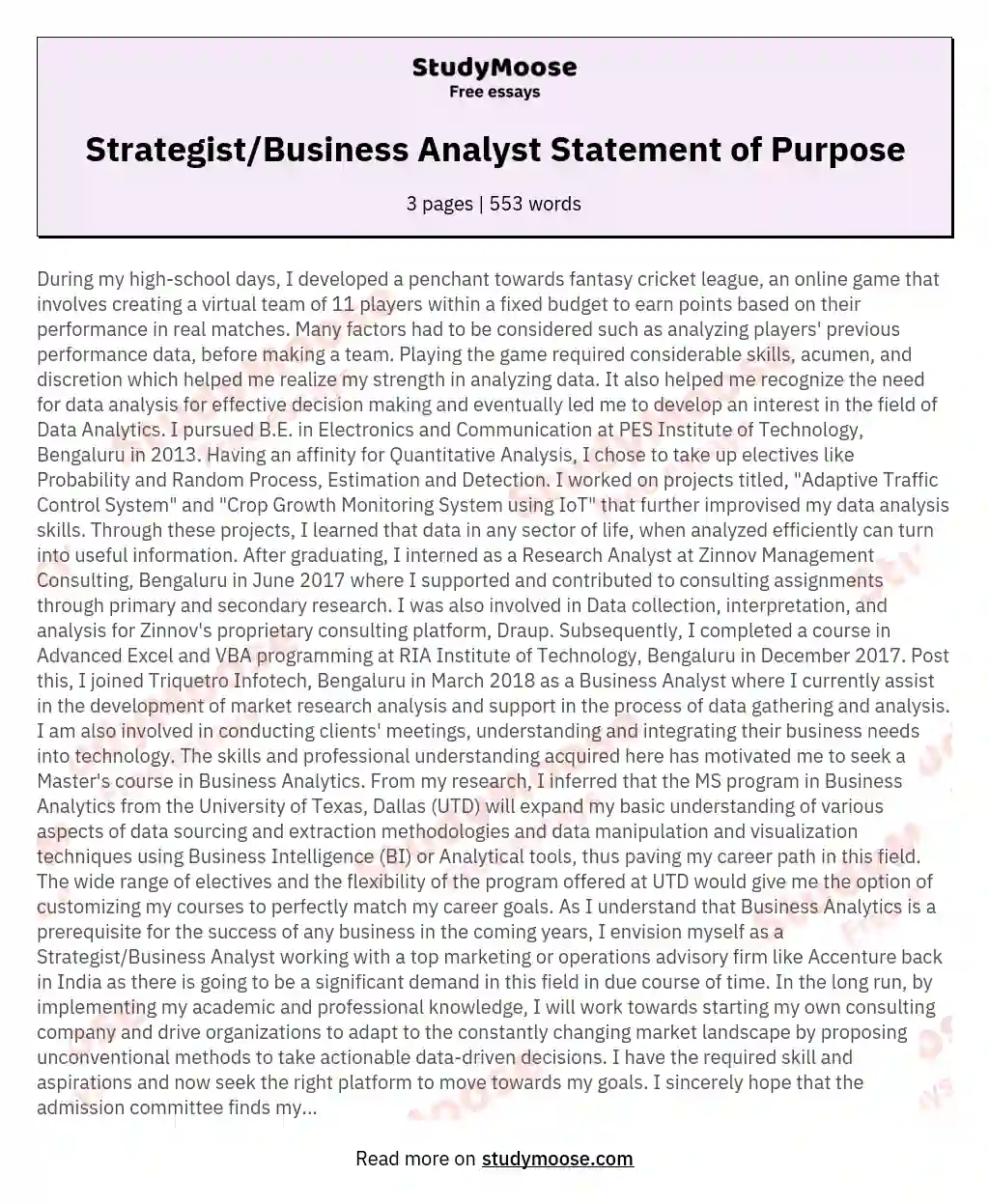 Strategist/Business Analyst Statement of Purpose