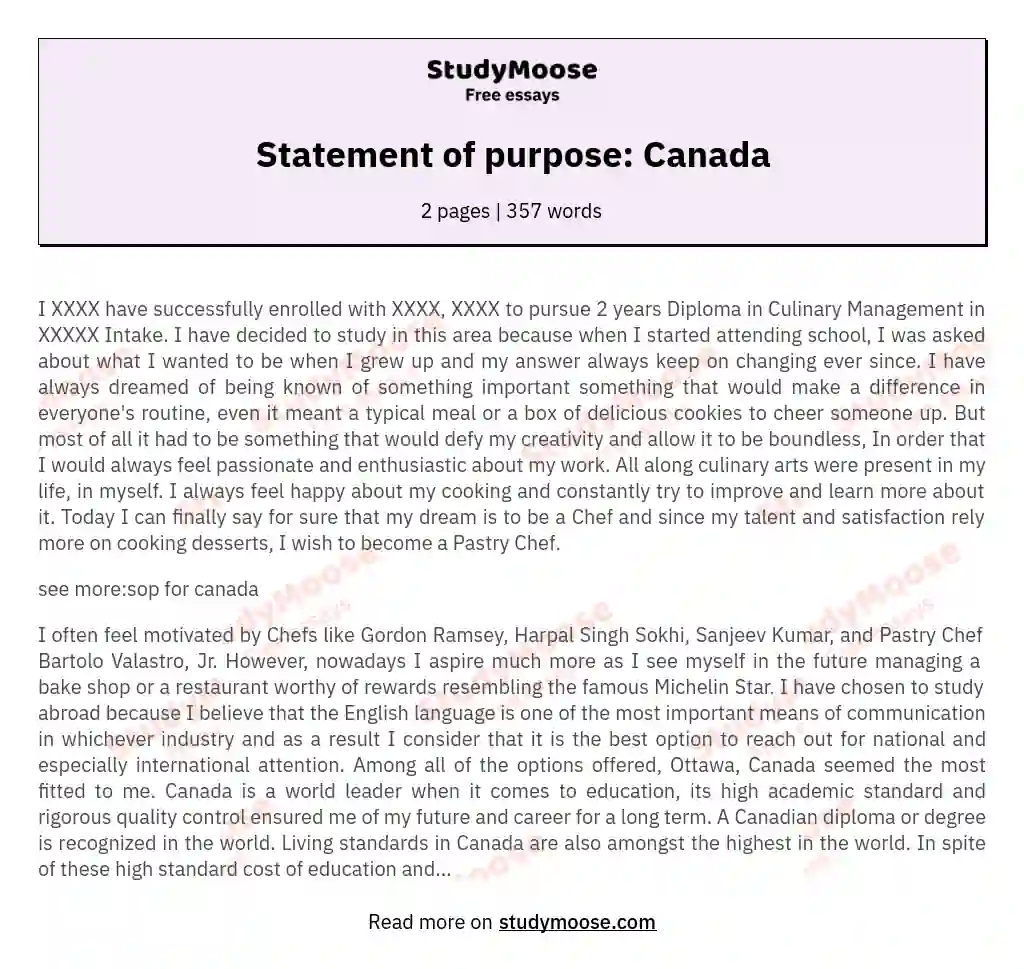 Statement of purpose: Canada essay