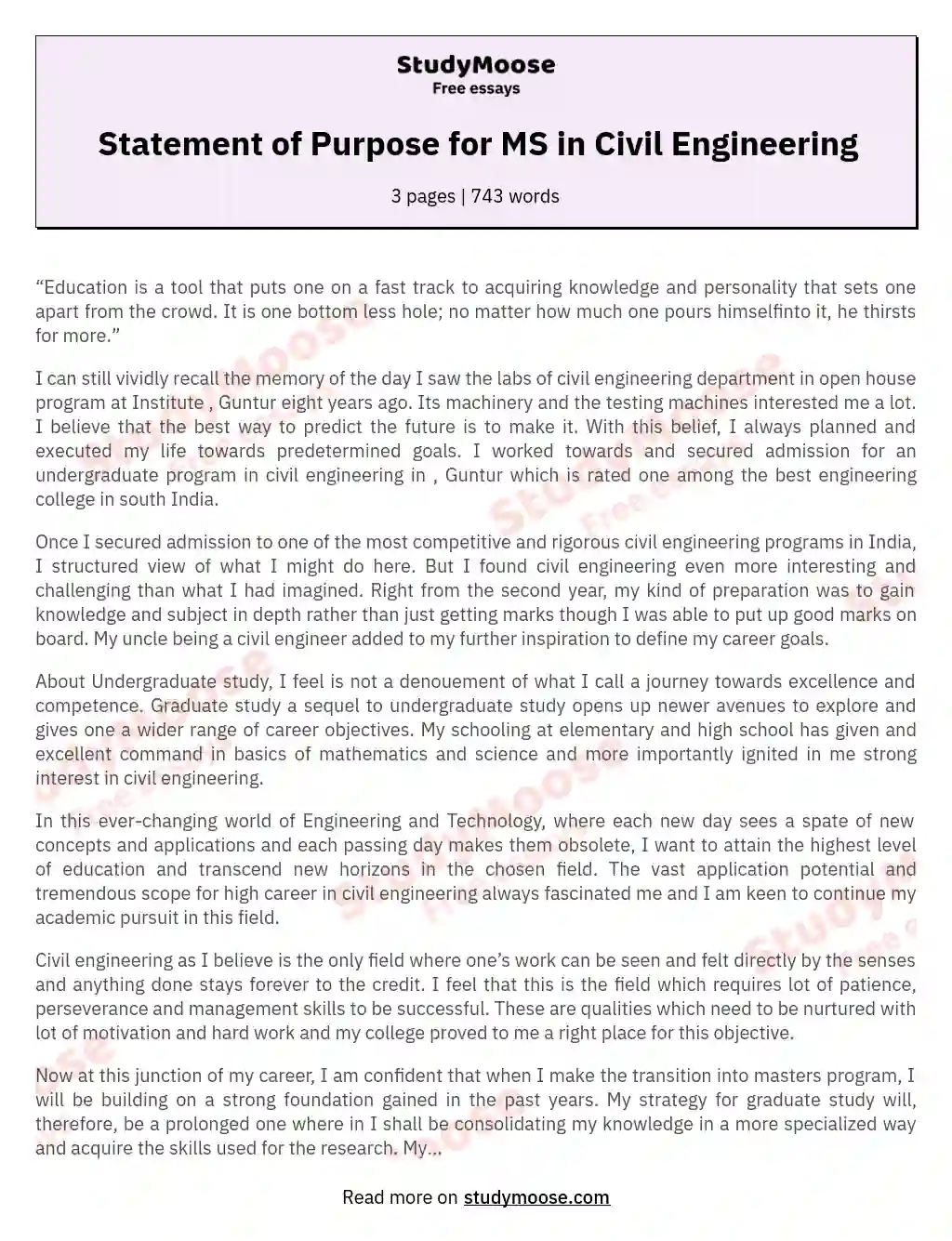 Statement of Purpose for MS in Civil Engineering essay