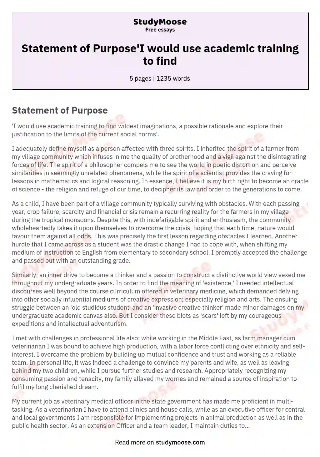 Statement of Purpose'I would use academic training to find essay
