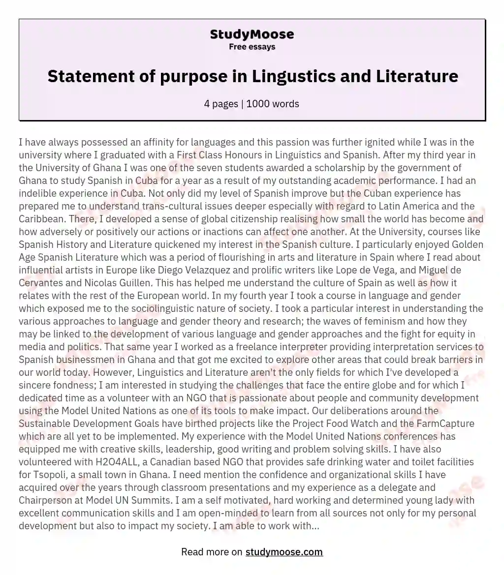 Statement of purpose in Lingustics and Literature essay
