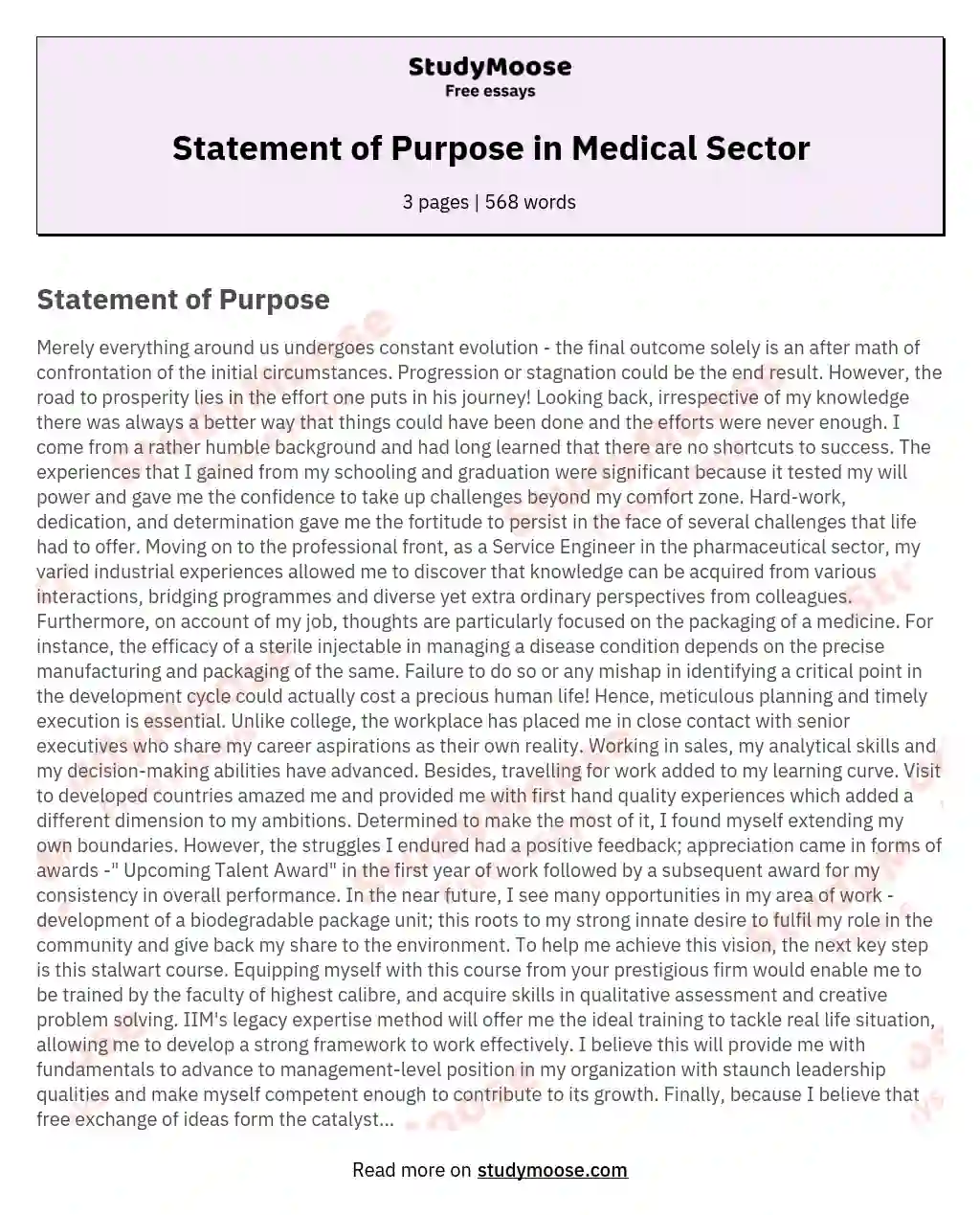 Statement of Purpose in Medical Sector essay