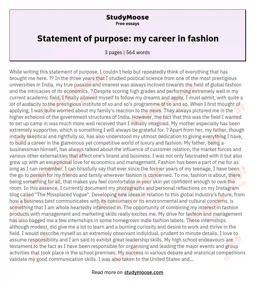 Statement of purpose: my career in fashion essay