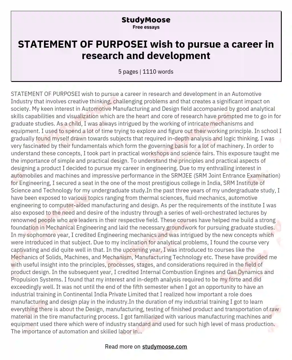 STATEMENT OF PURPOSEI wish to pursue a career in research and development essay