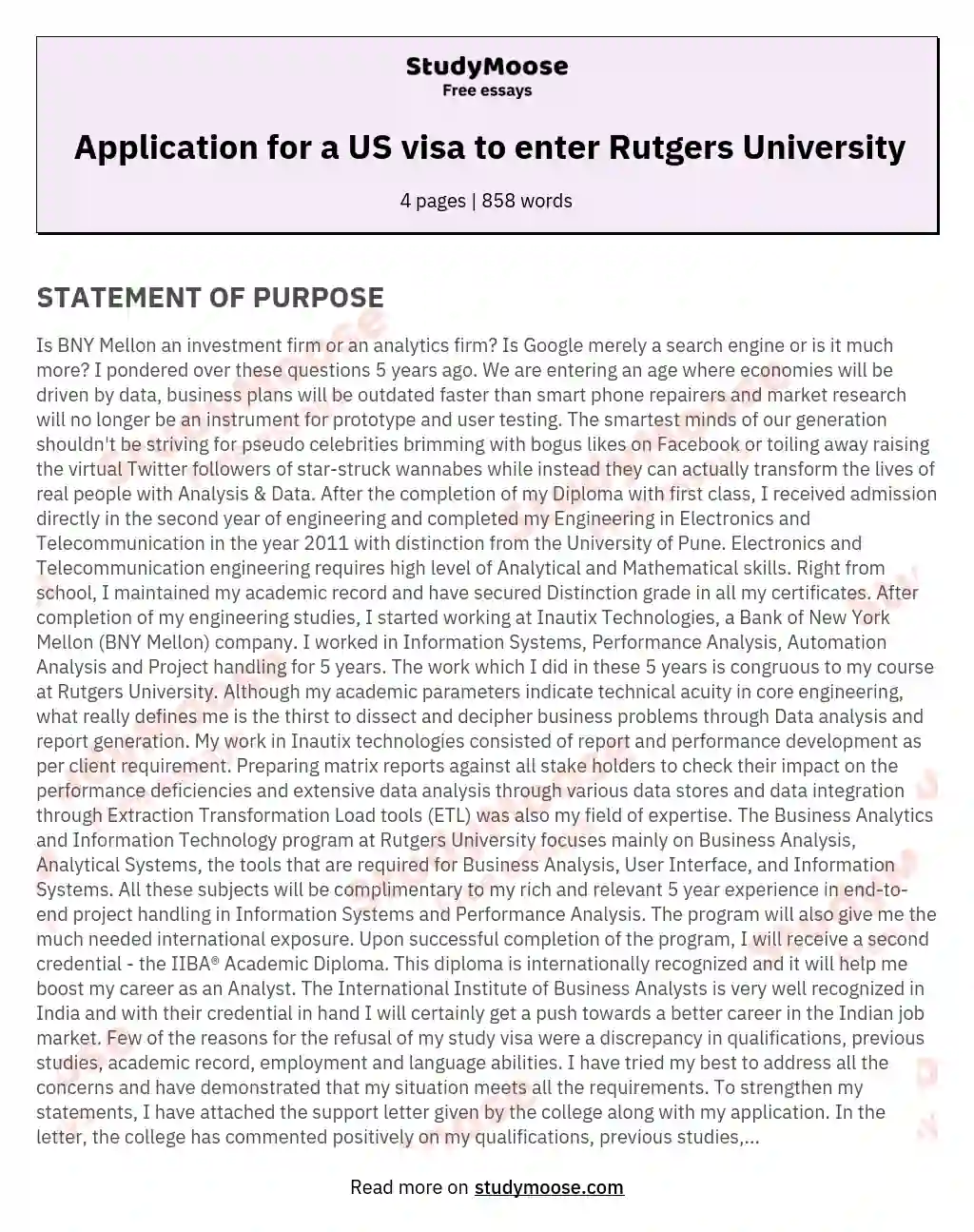 Application for a US visa to enter Rutgers University essay
