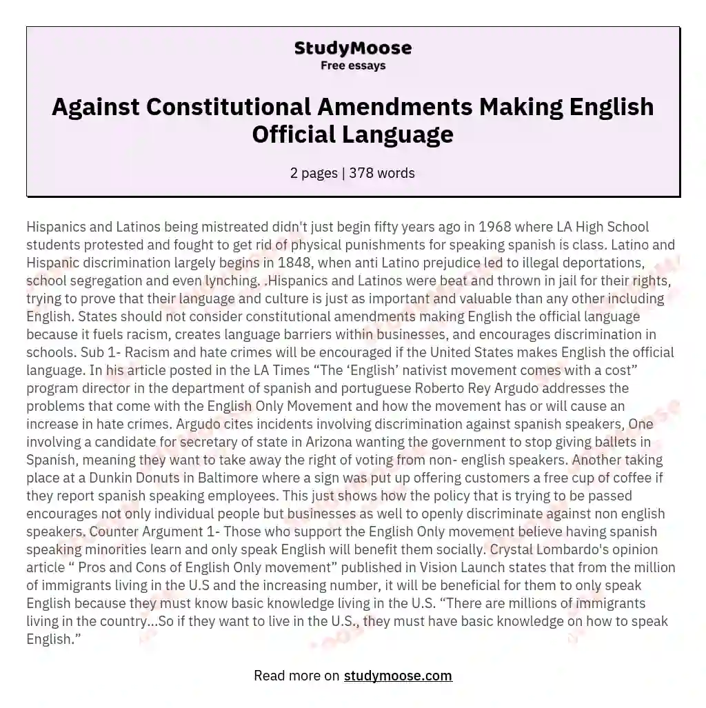 Against Constitutional Amendments Making English Official Language essay