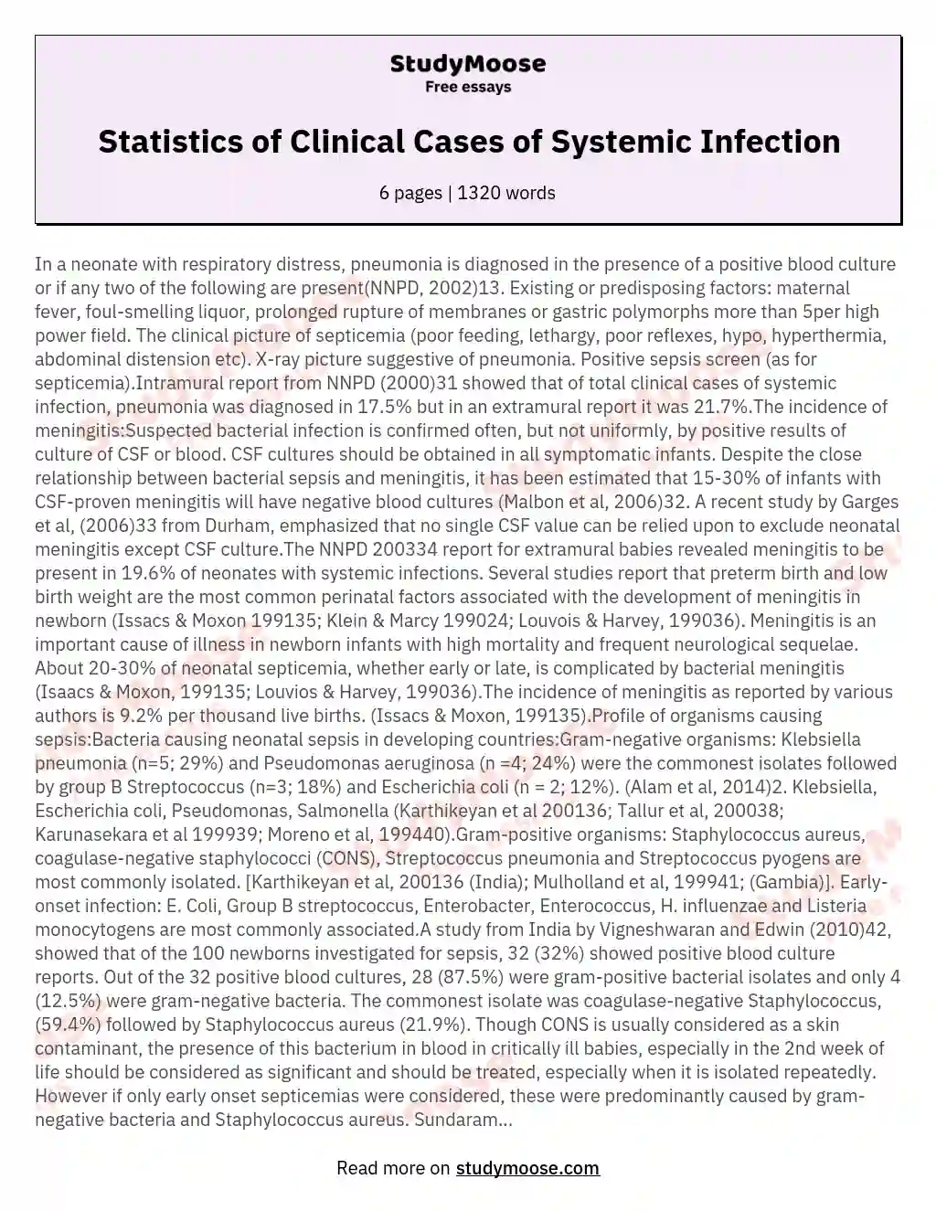 Statistics of Clinical Cases of Systemic Infection essay