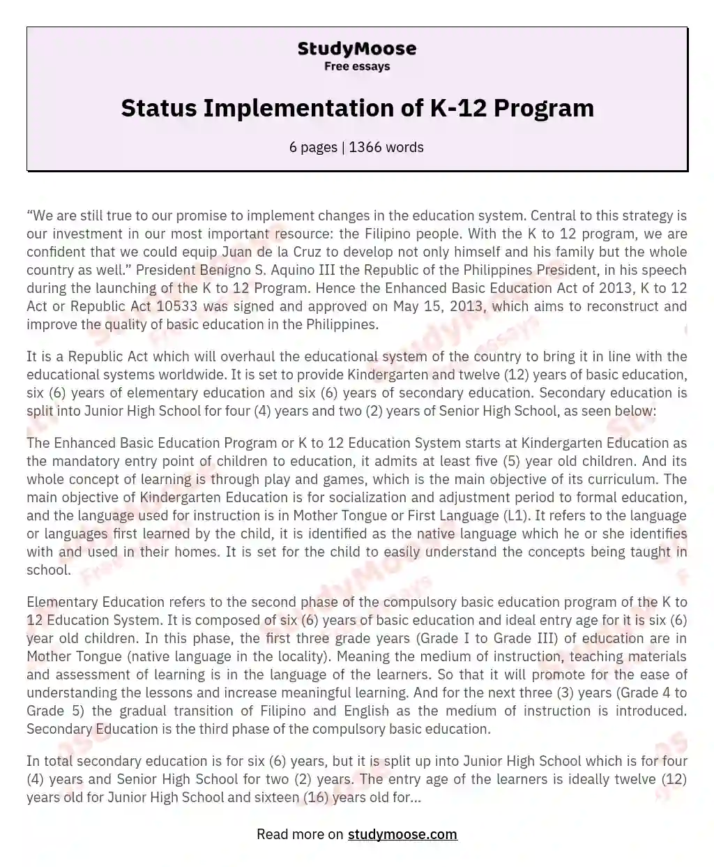 Status Implementation of K-12 Program