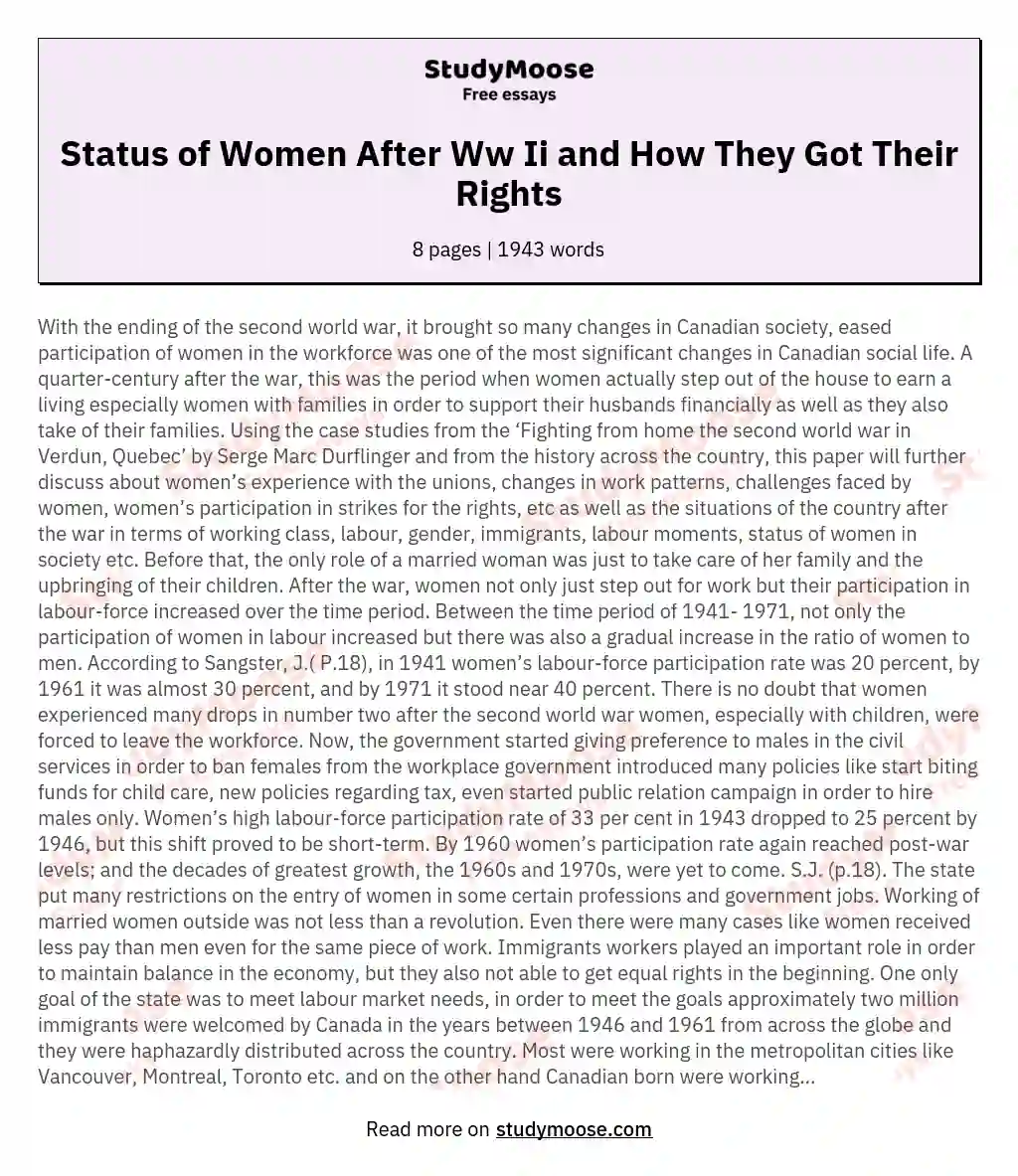 Status of Women After Ww Ii and How They Got Their Rights essay