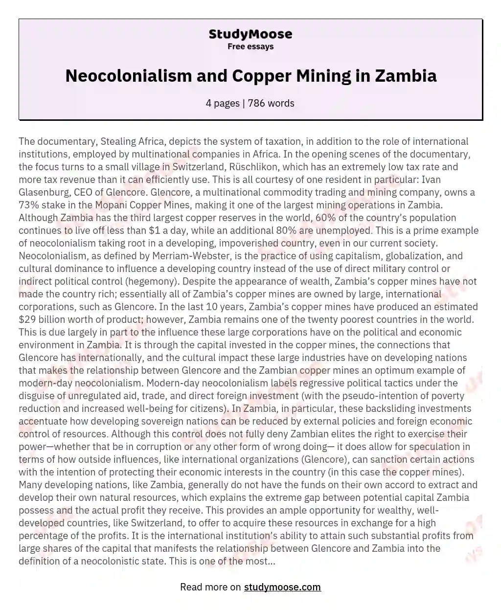 Neocolonialism and Copper Mining in Zambia essay