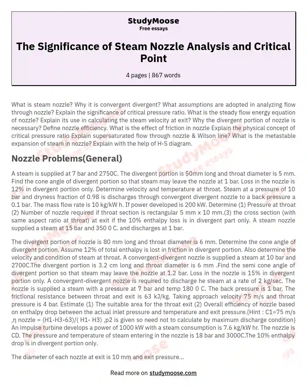 The Significance of Steam Nozzle Analysis and Critical Point essay
