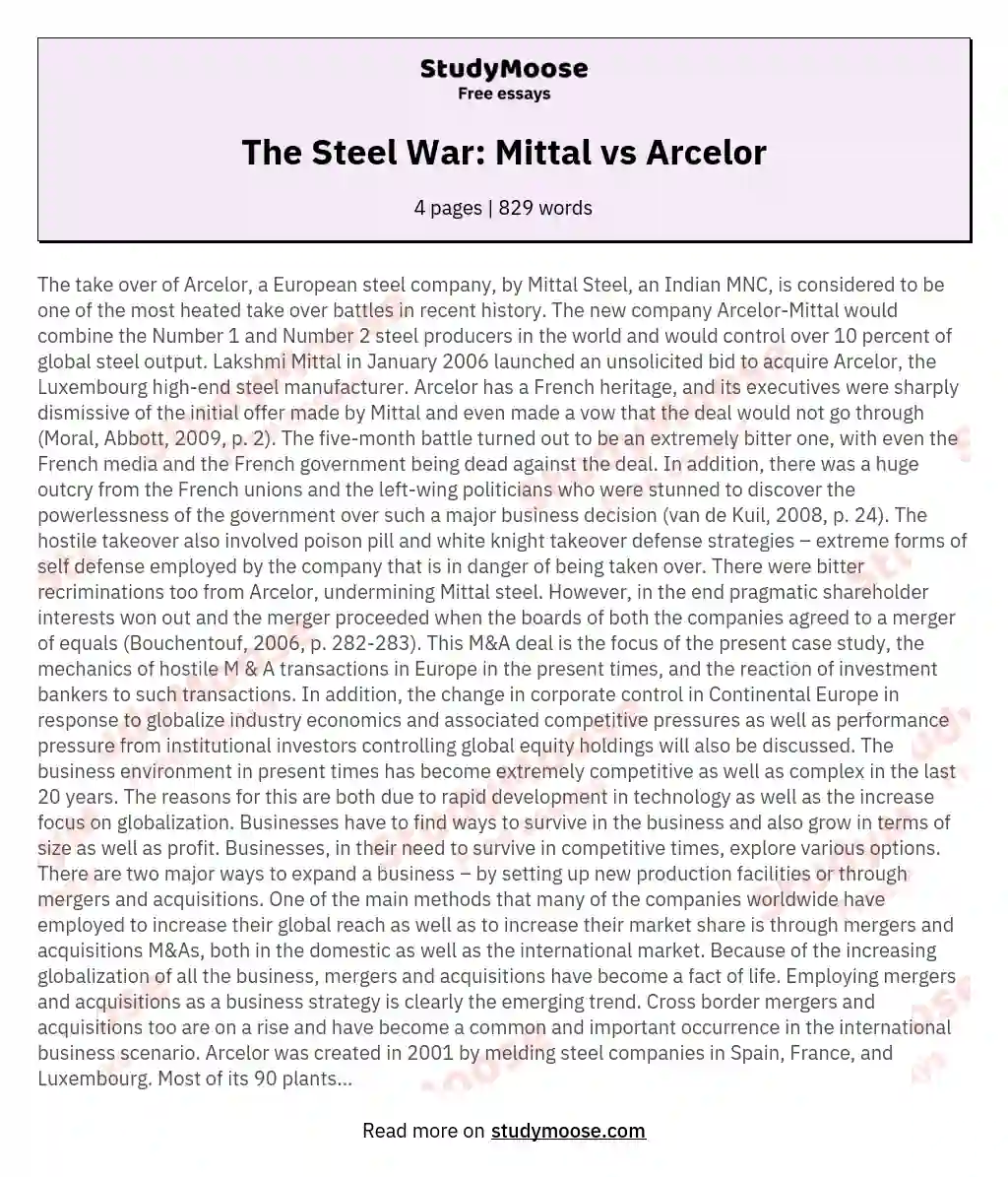 The Steel War: Mittal vs Arcelor essay