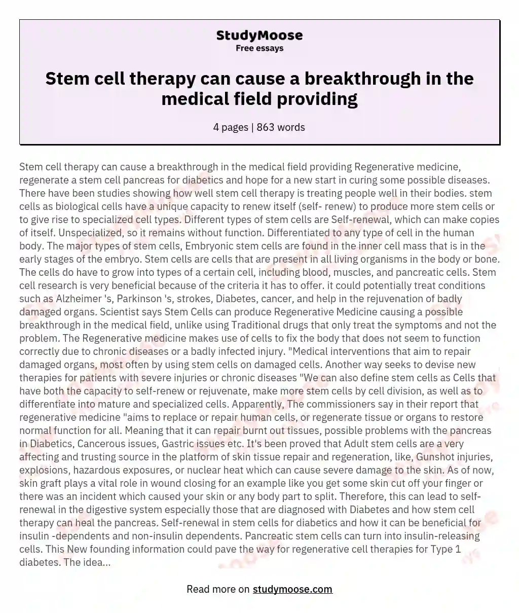 Stem cell therapy can cause a breakthrough in the medical field providing essay