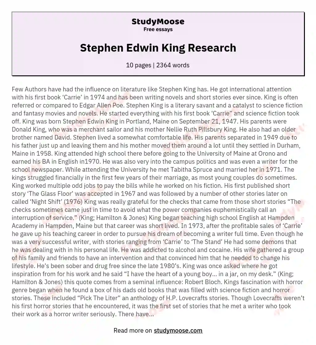Stephen Edwin King Research essay