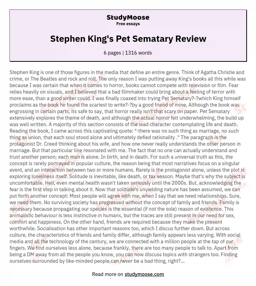Stephen King's Pet Sematary Review essay