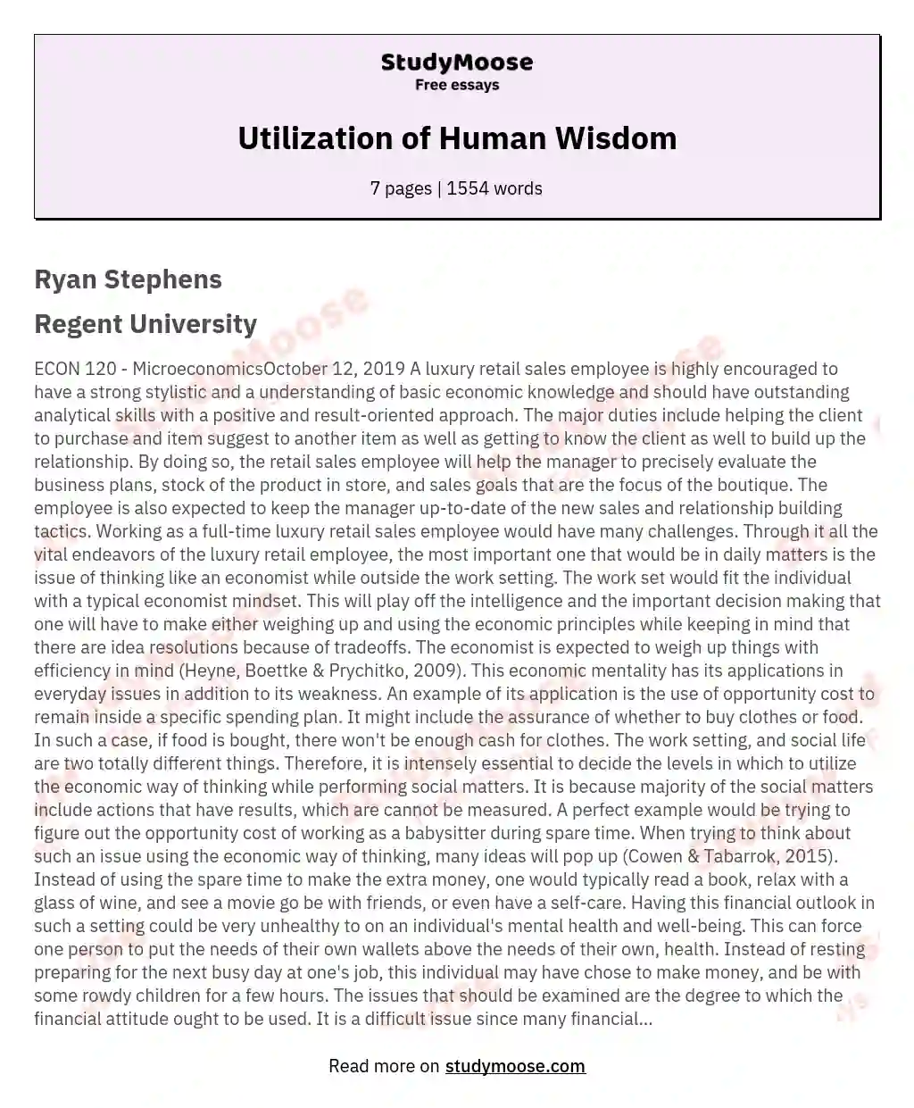 Utilization of Human Wisdom essay