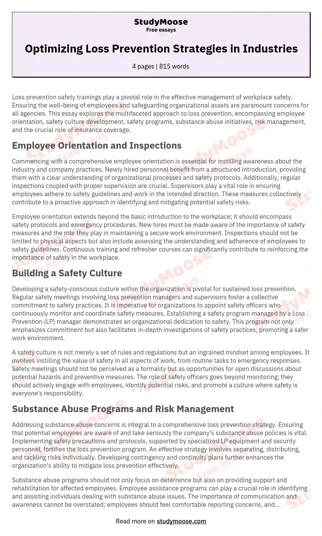 Optimizing Loss Prevention Strategies in Industries essay