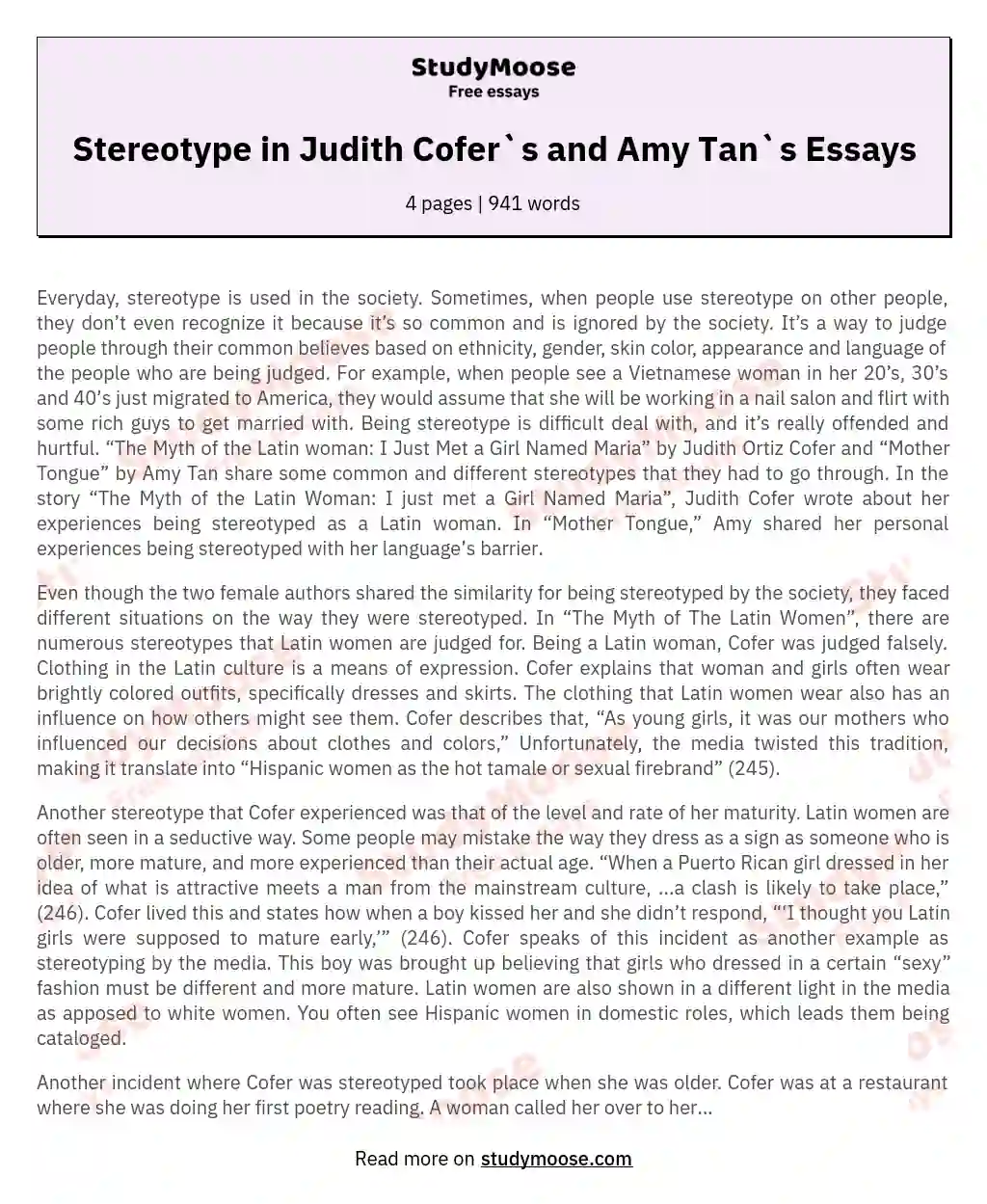 Stereotype in Judith Cofer`s and Amy Tan`s Essays essay