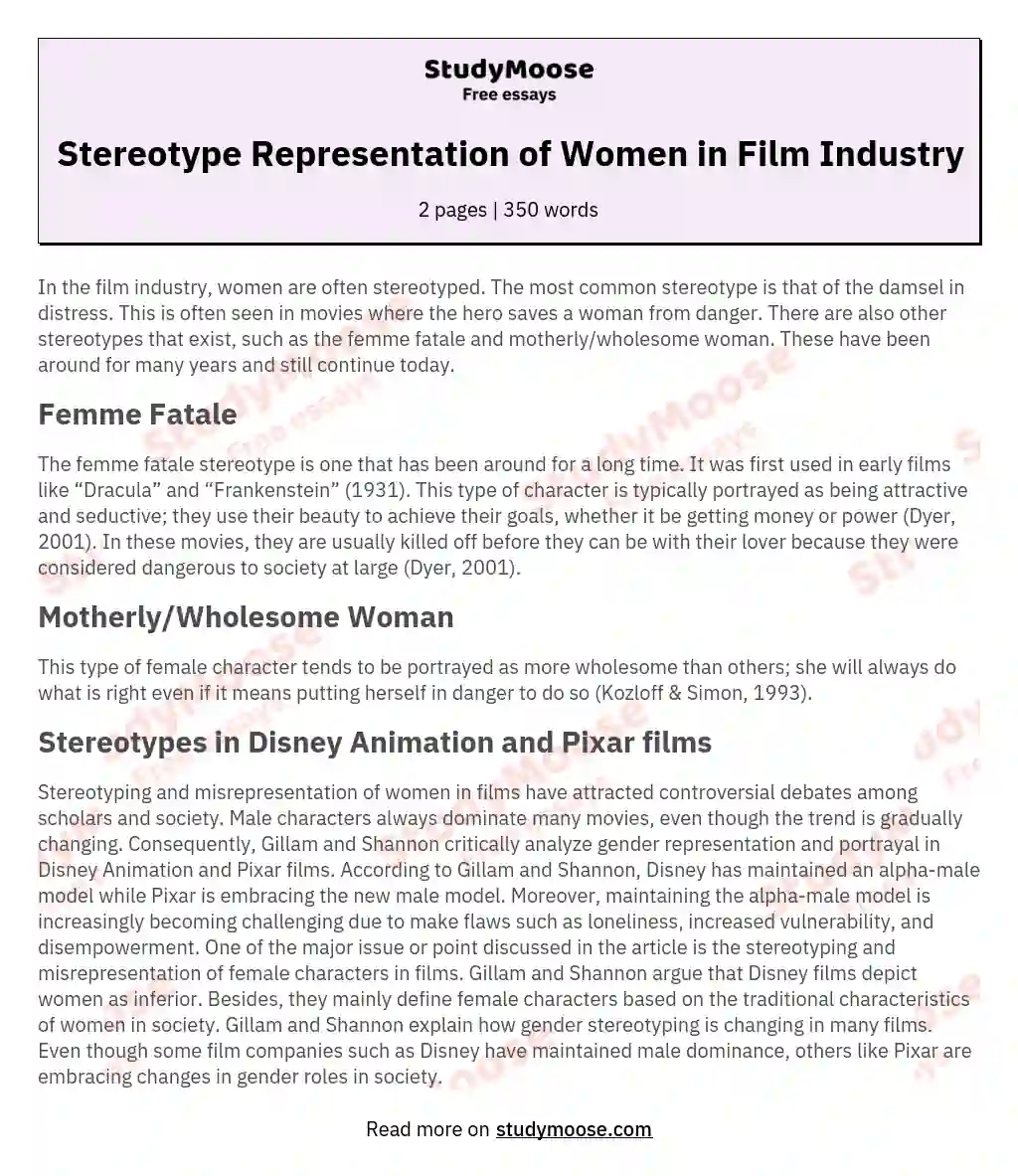 Stereotype Representation of Women in Film Industry essay