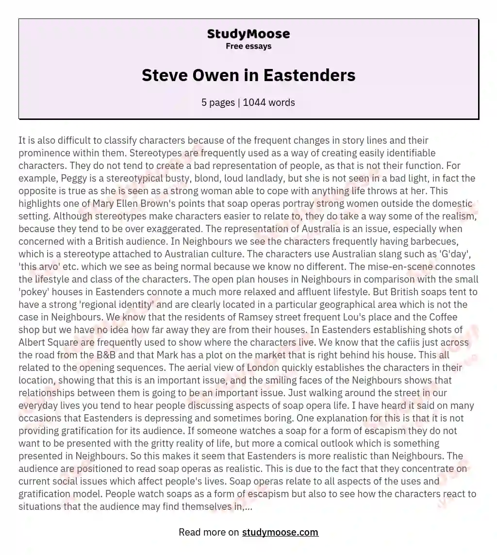 Steve Owen in Eastenders essay