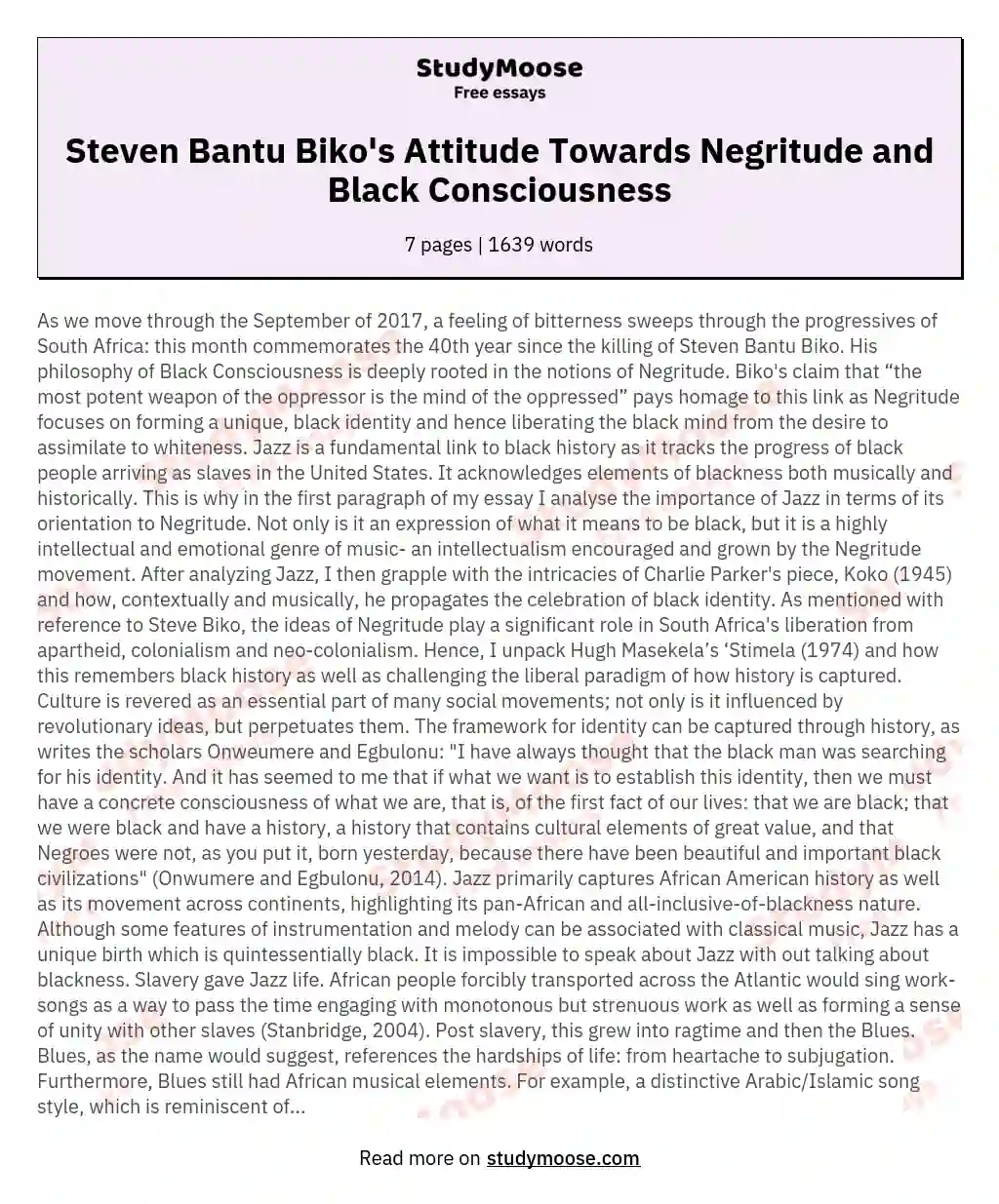 Steven Bantu Biko's Attitude Towards Negritude and Black Consciousness