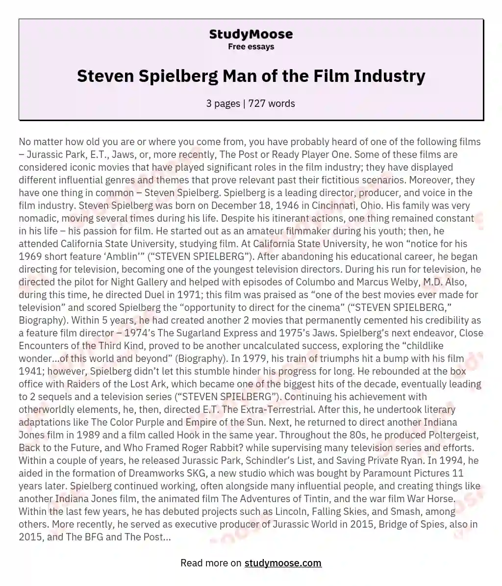 Steven Spielberg  Man of the Film Industry essay