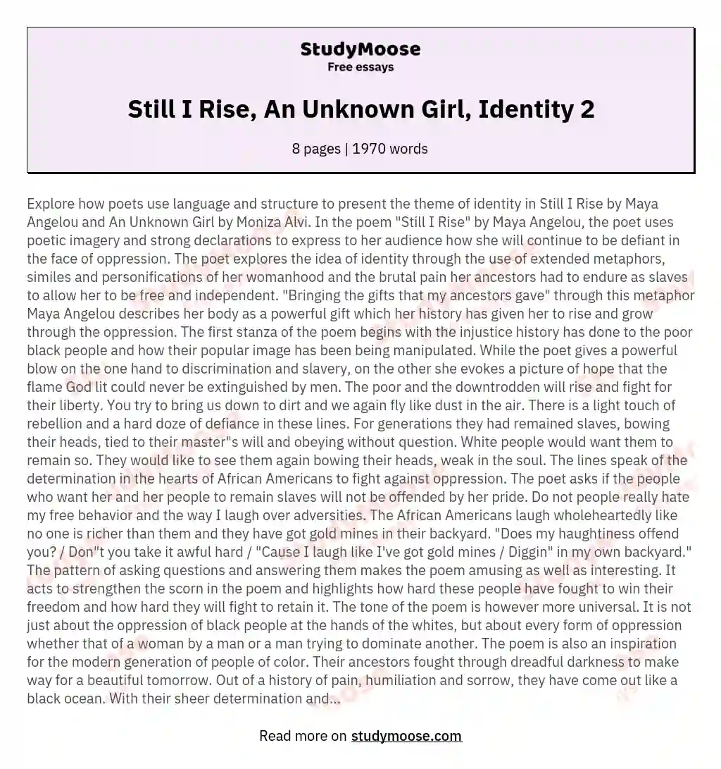 Still I Rise, An Unknown Girl, Identity 2 essay