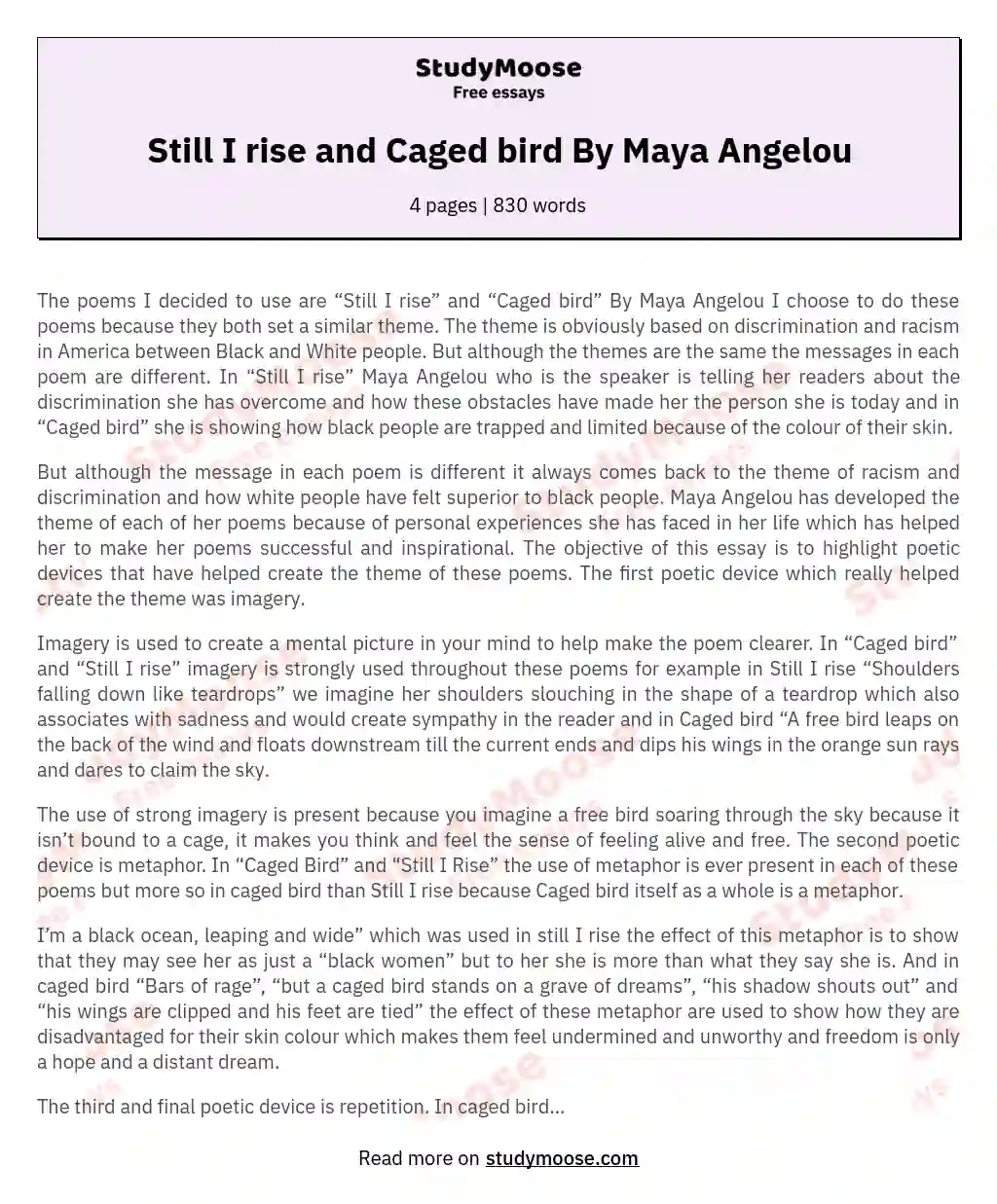 Still I rise and Caged bird By Maya Angelou essay