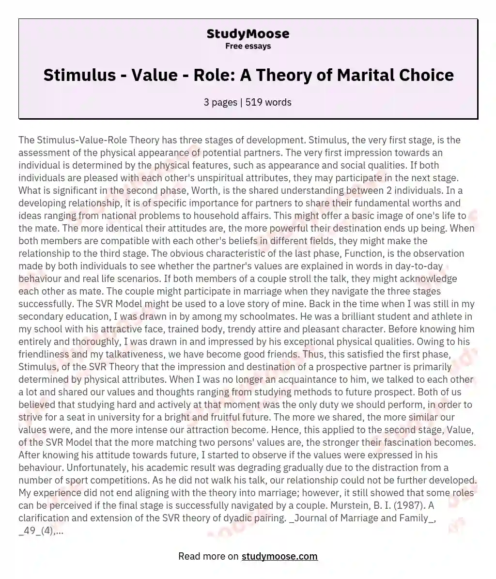Stimulus - Value - Role: A Theory of Marital Choice essay