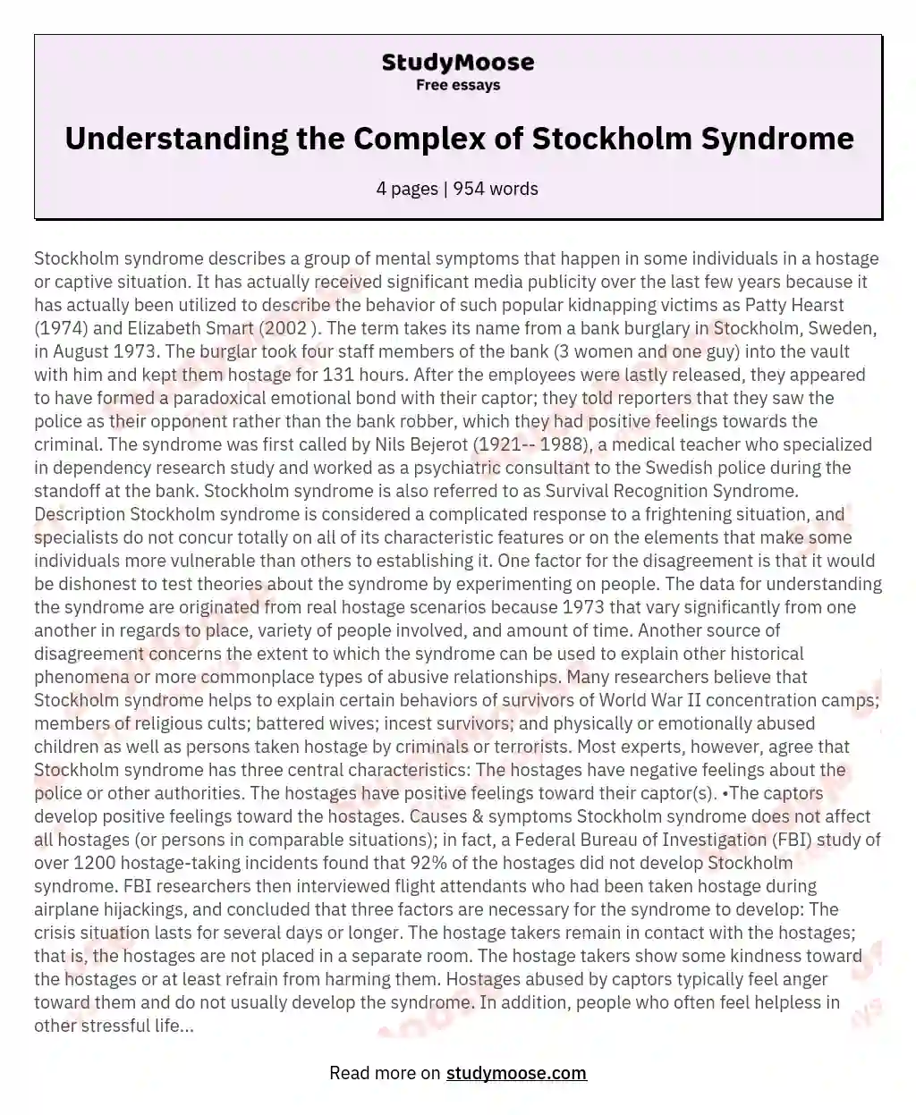 Understanding the Complex of Stockholm Syndrome essay