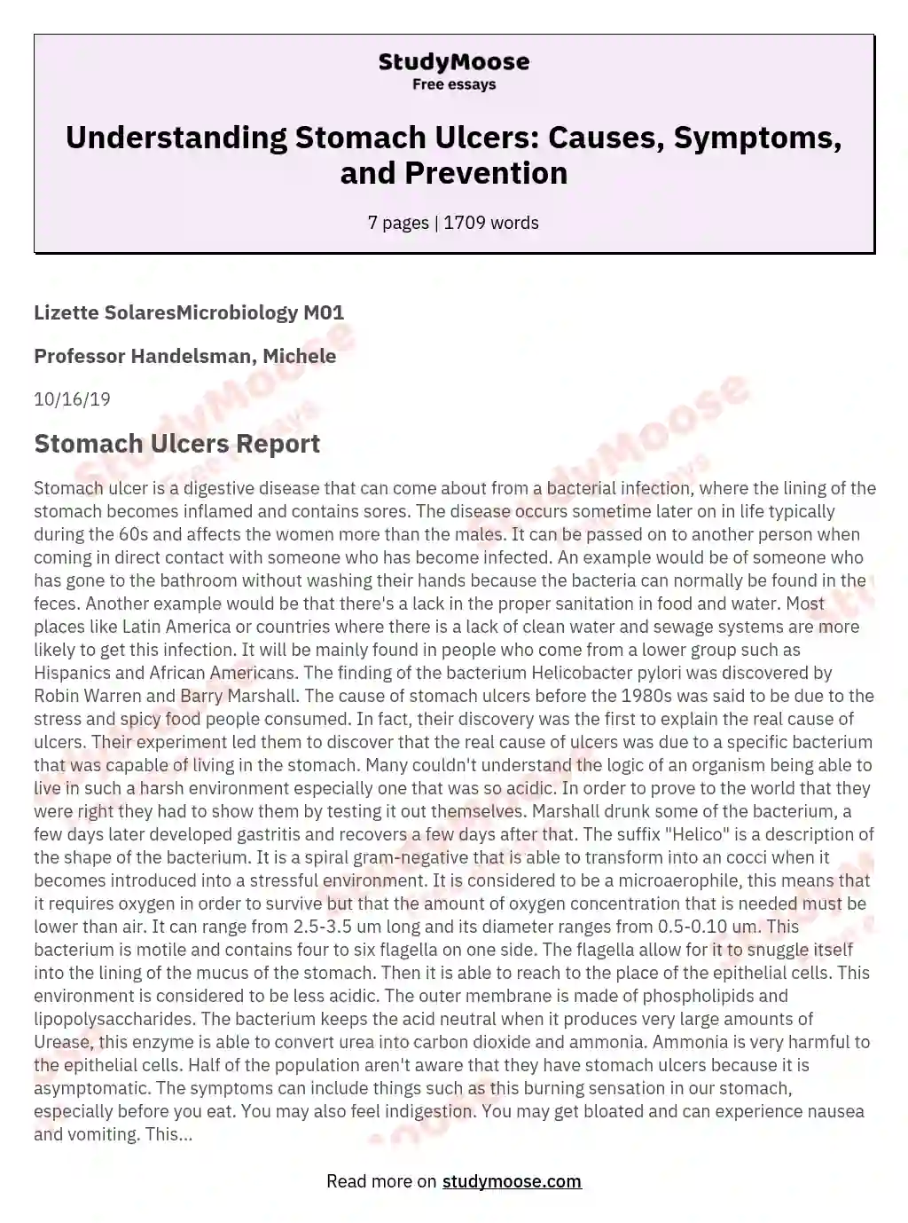 Understanding Stomach Ulcers: Causes, Symptoms, and Prevention essay