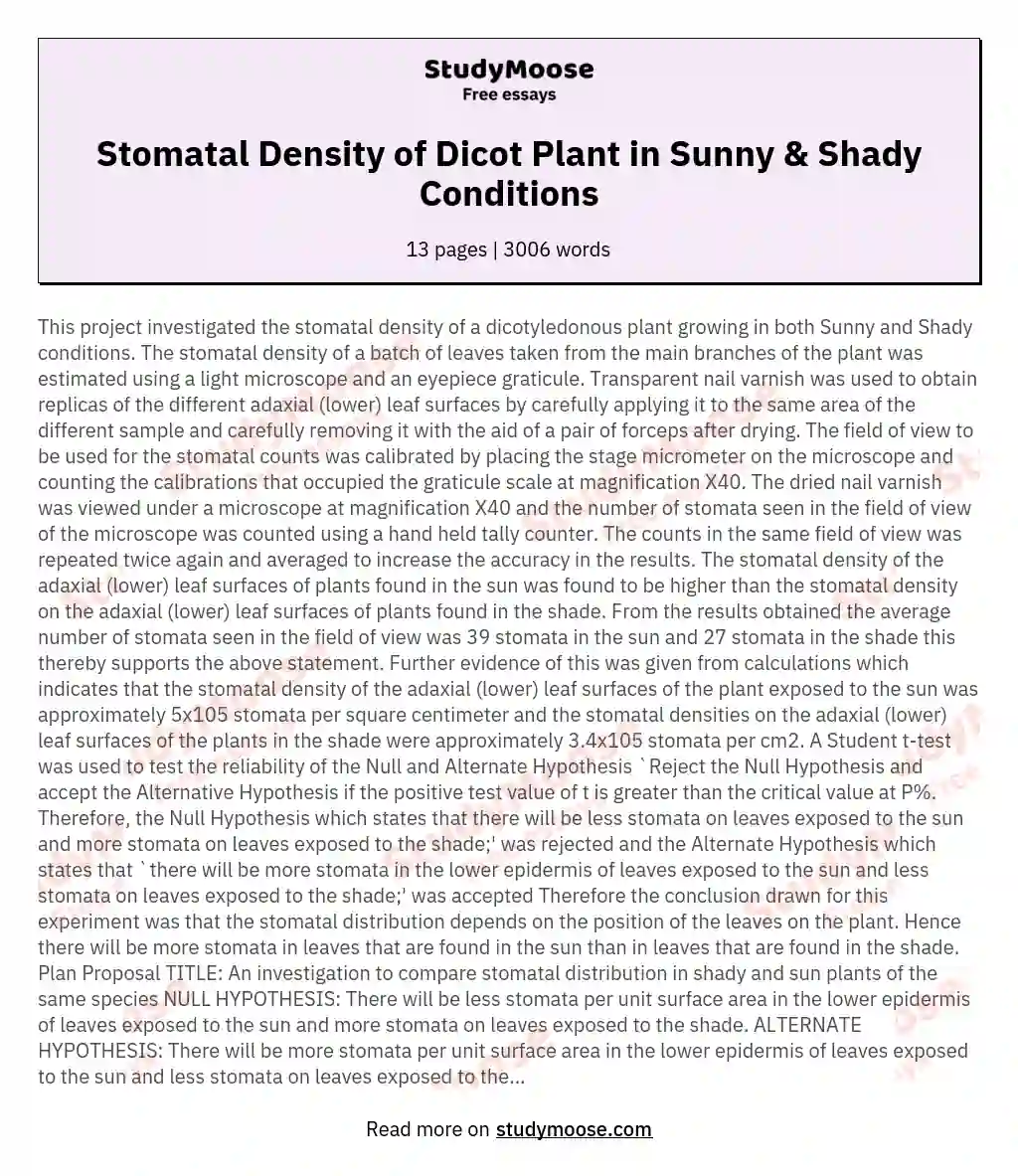 Stomatal Density of Dicot Plant in Sunny & Shady Conditions essay