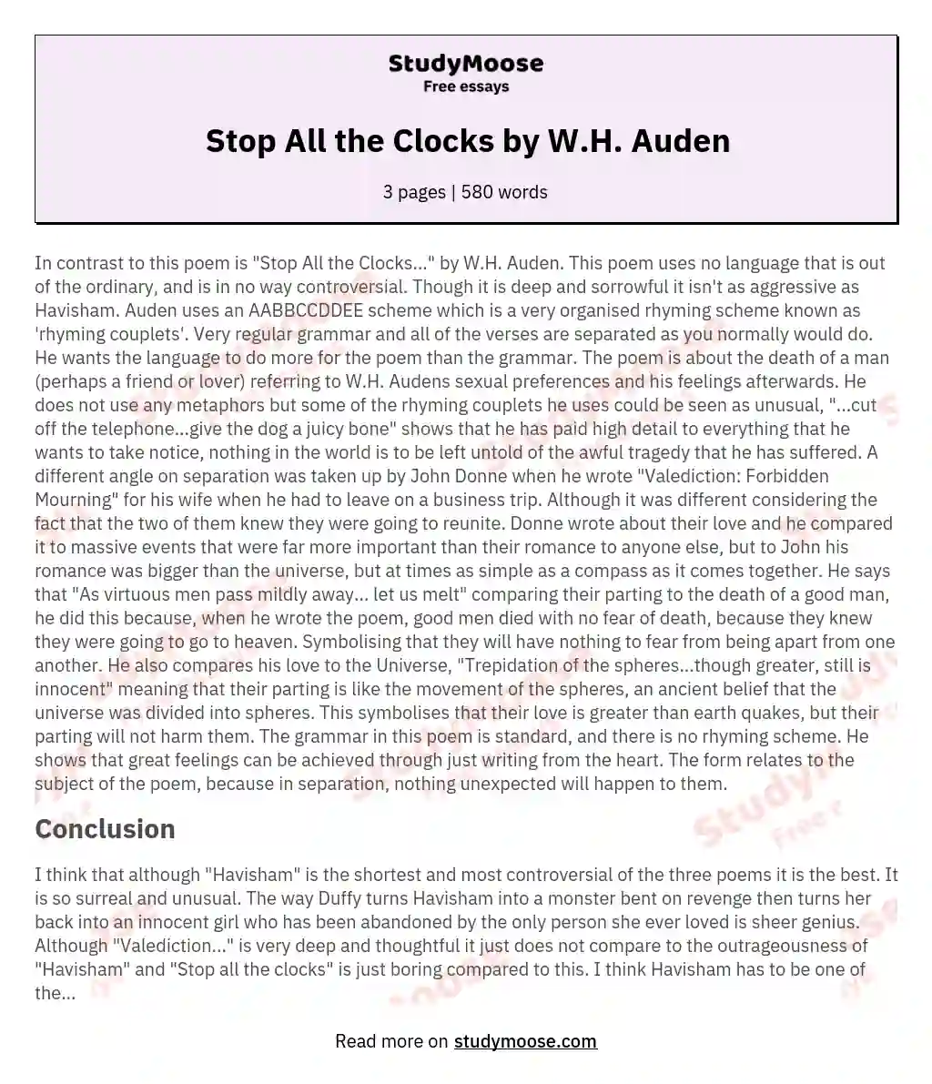 Stop All the Clocks by W.H. Auden essay