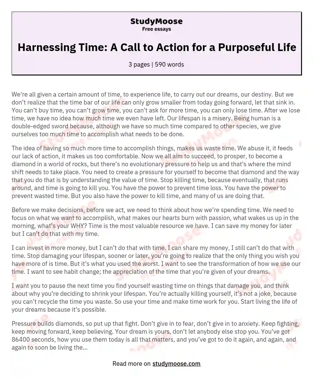 Harnessing Time: A Call to Action for a Purposeful Life essay