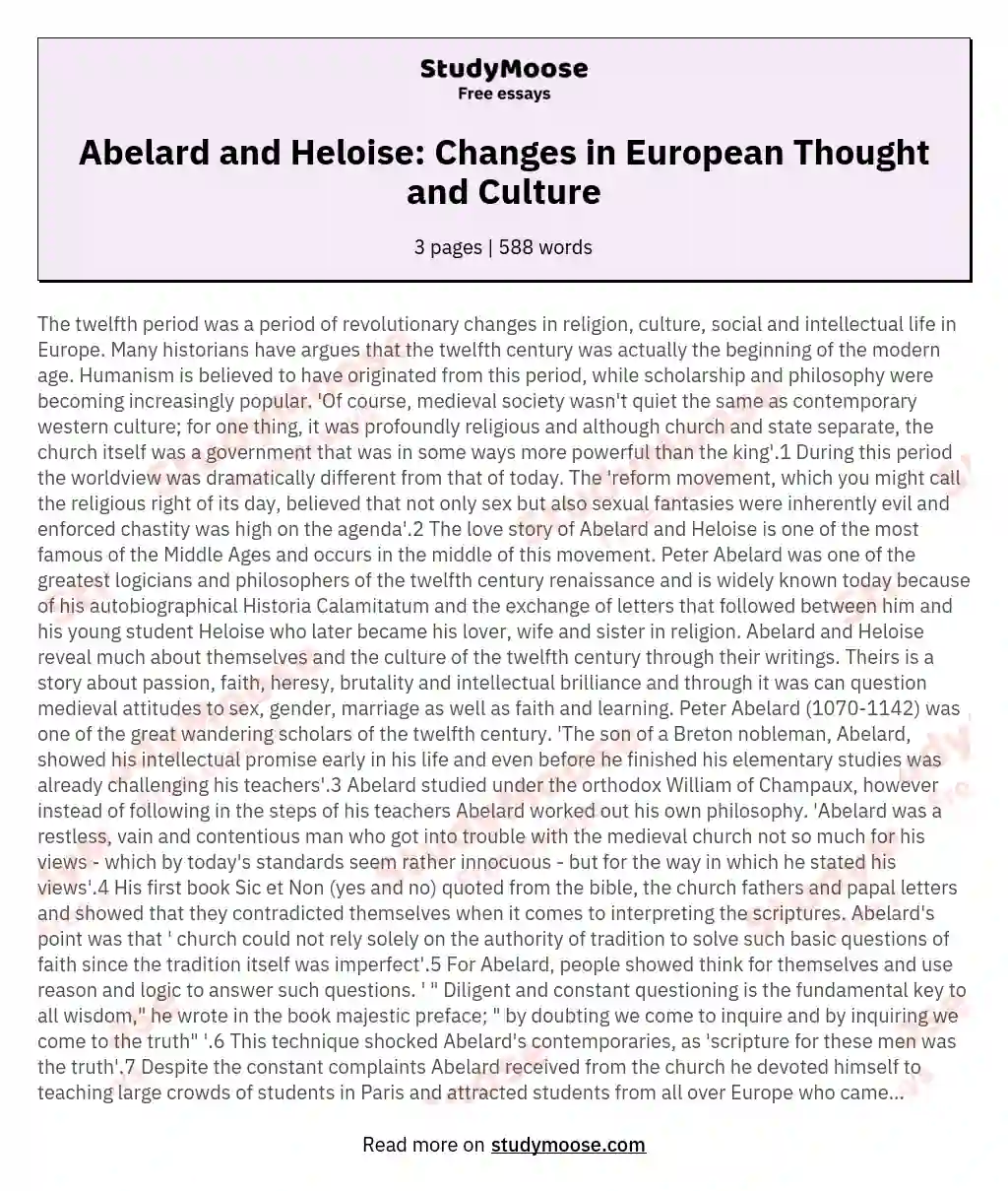 Abelard and Heloise: Changes in European Thought and Culture essay