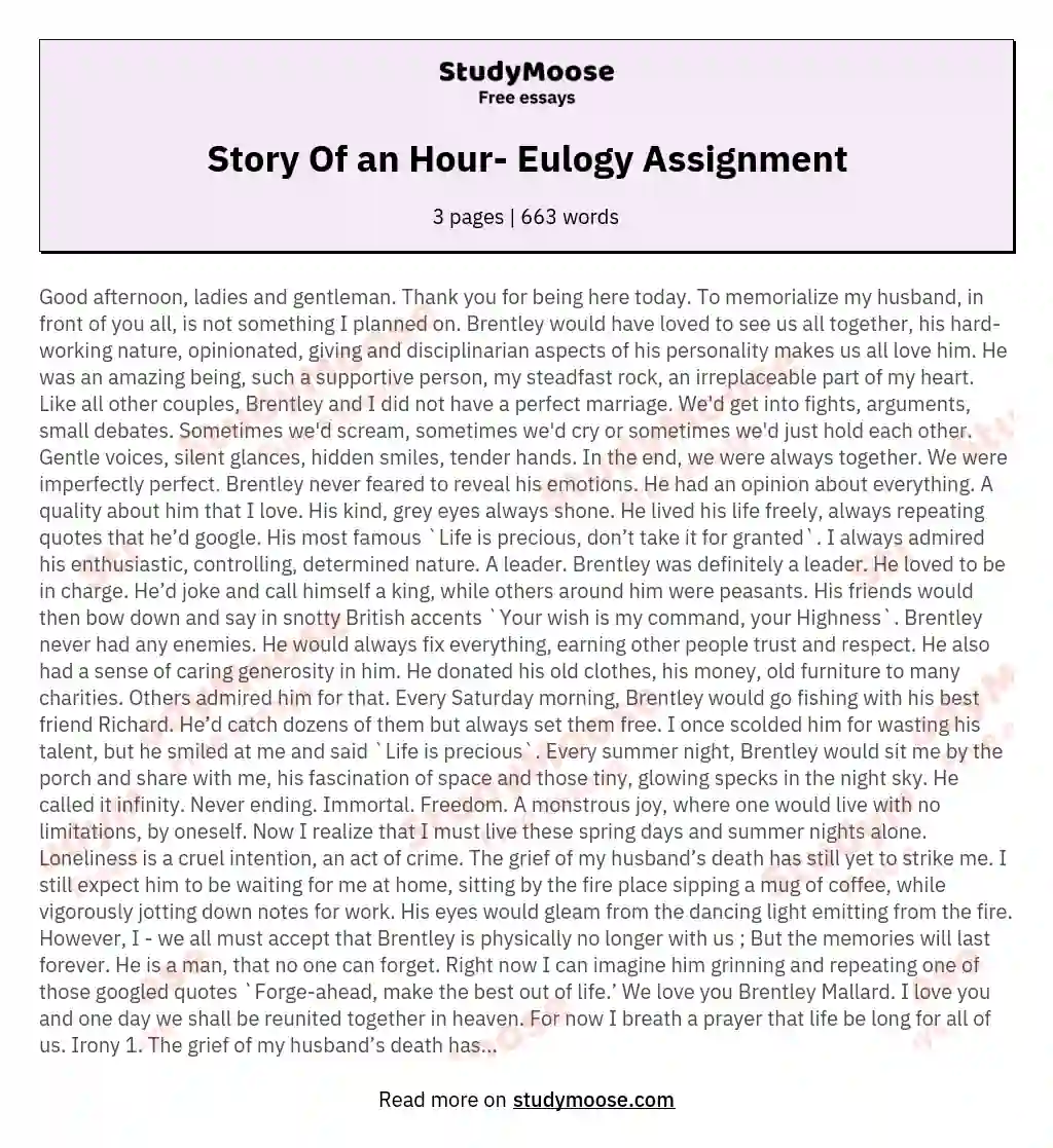 Story Of an Hour- Eulogy Assignment essay