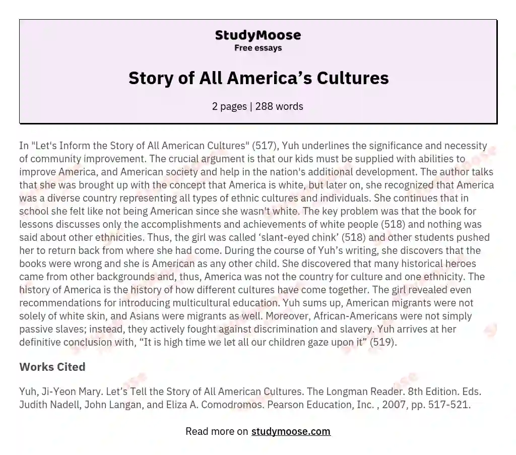 Story of All America’s Cultures essay