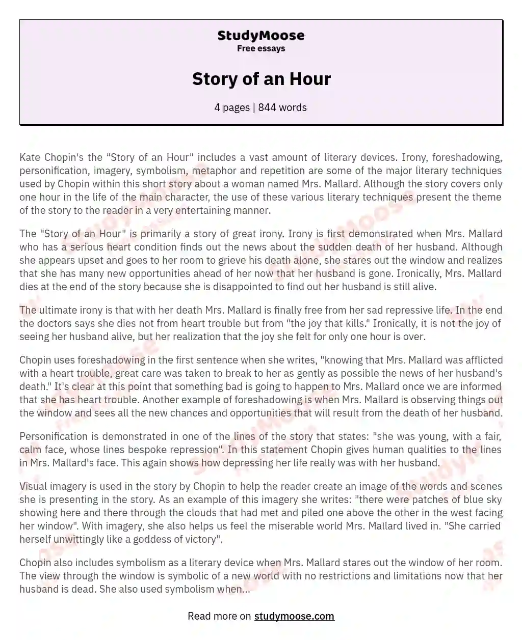 Story Of An Hour Free Essay Example